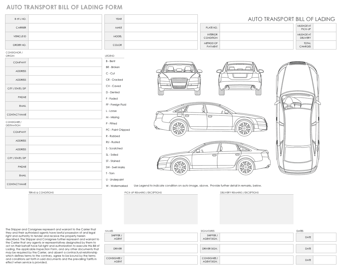 Printable Auto Transport Bill Of Lading Template Free