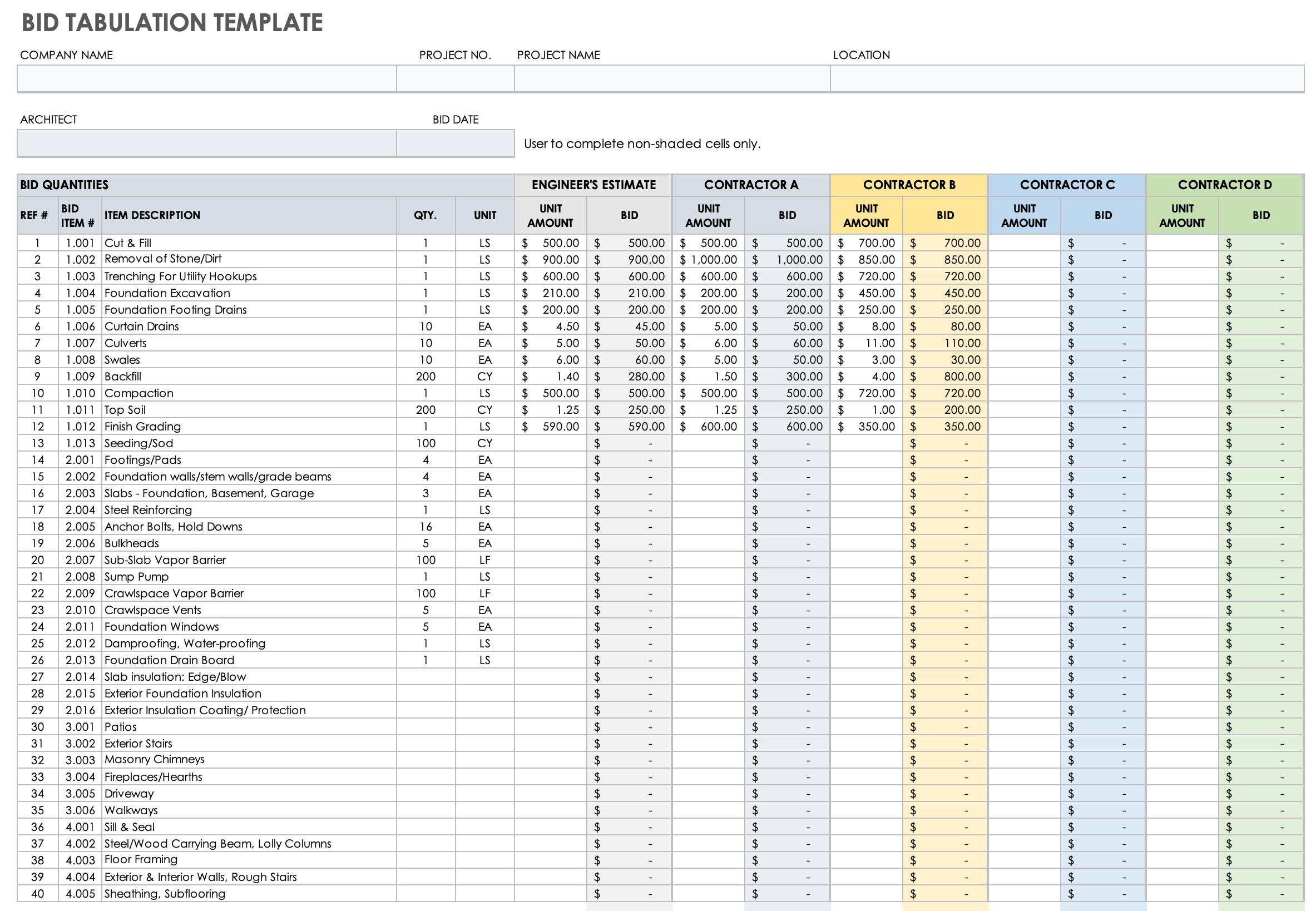 Bid Tabulation Template