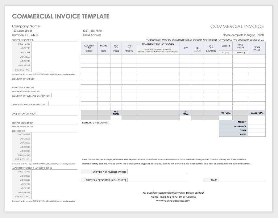 template for commercial invoice