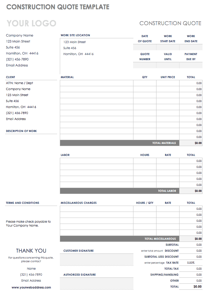 Free Job Quote Templates Smartsheet