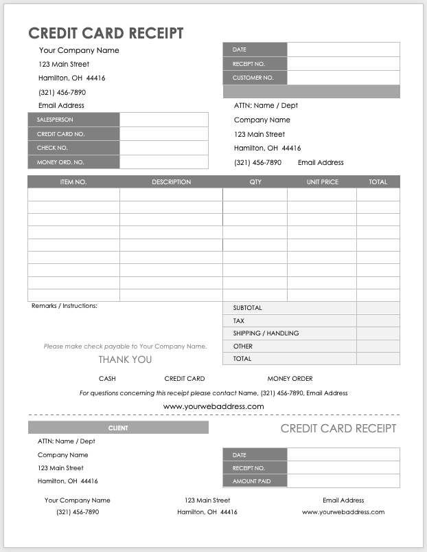 credit card receipt forms