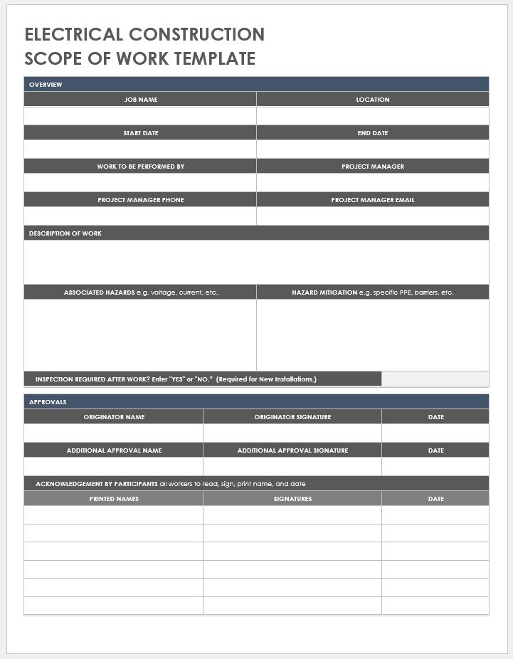 scope of work excel template