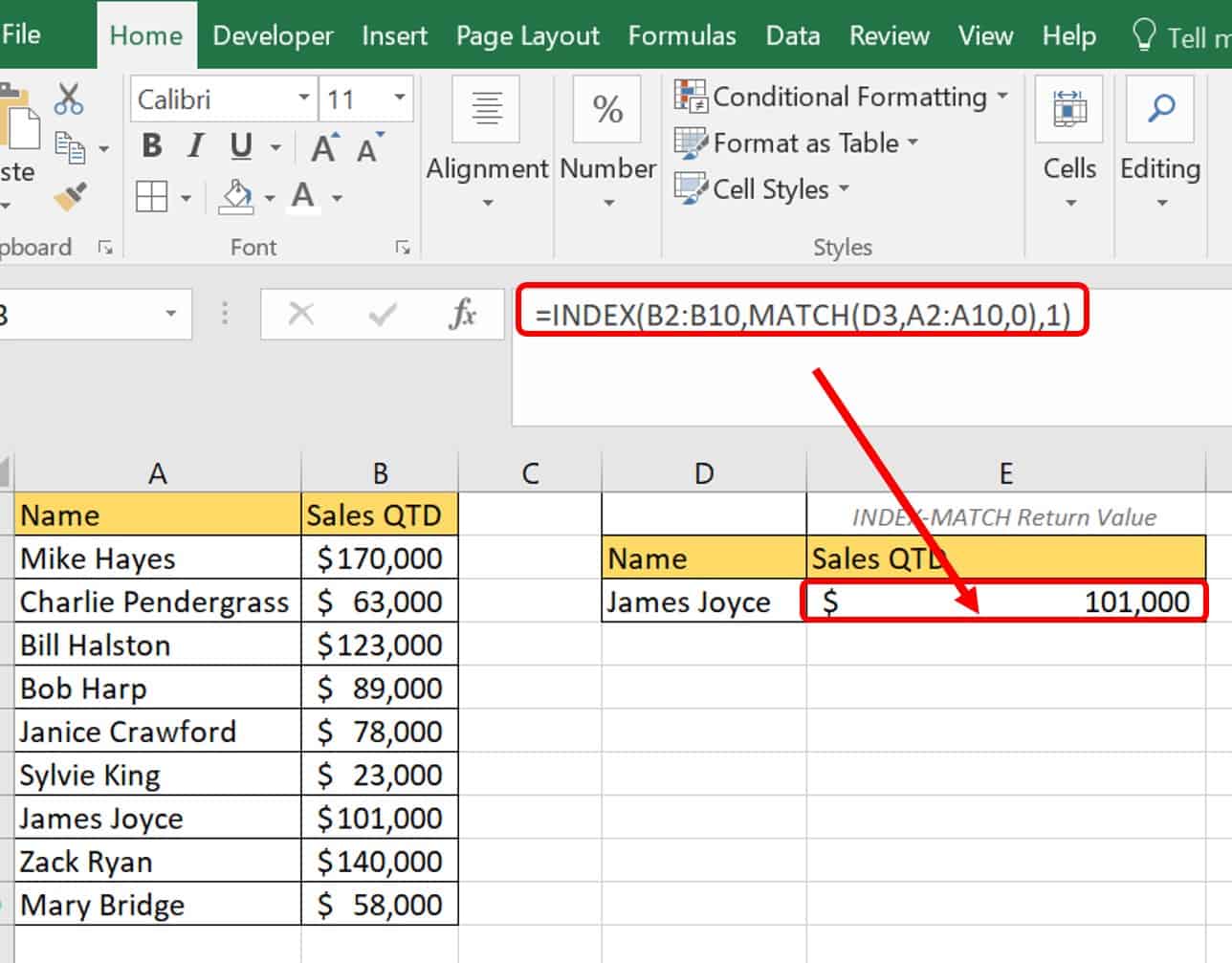 Excel Index match formula example
