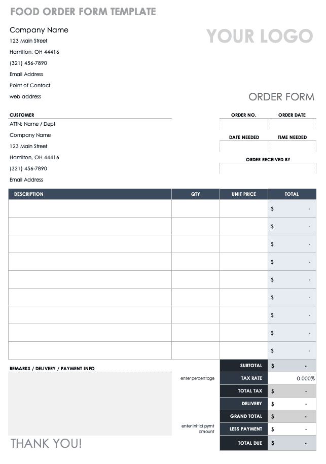 sample order form template