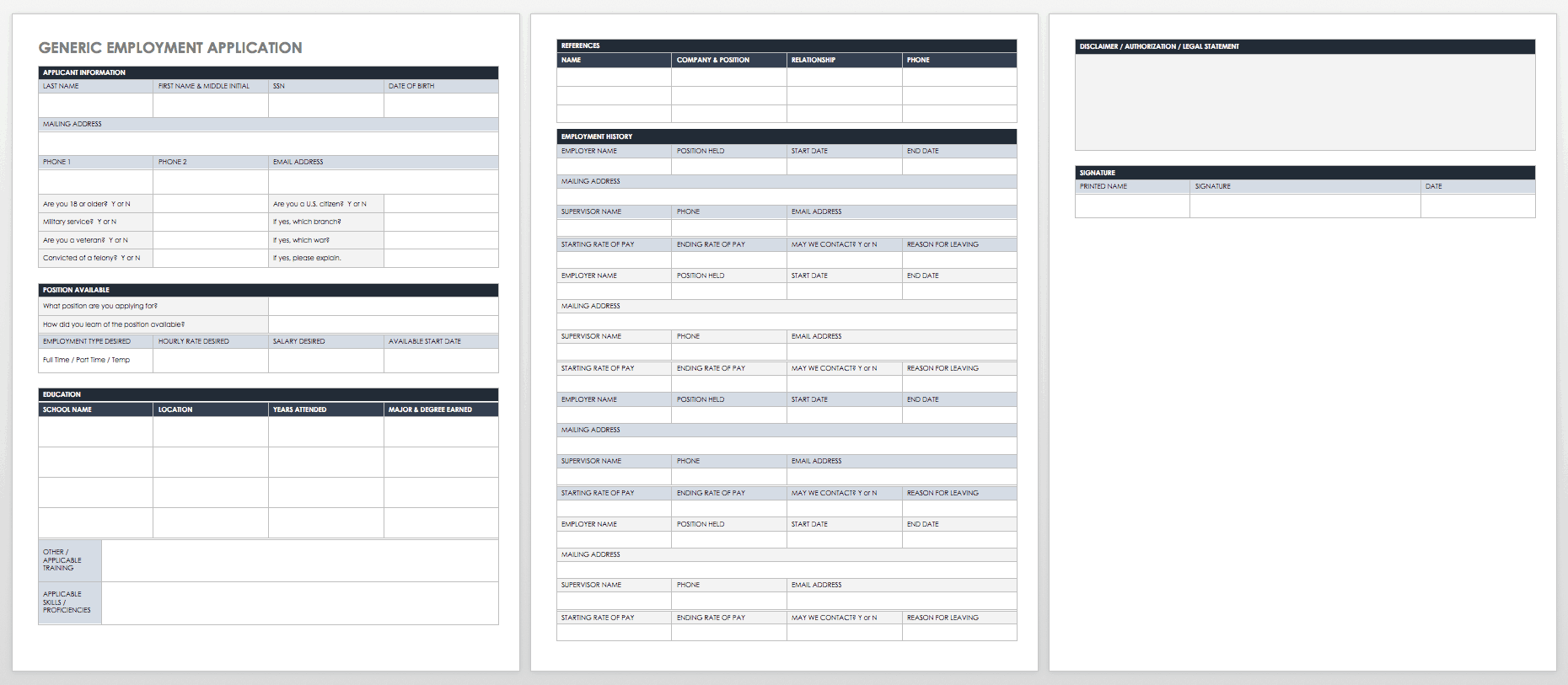 Free Employment Application Templates