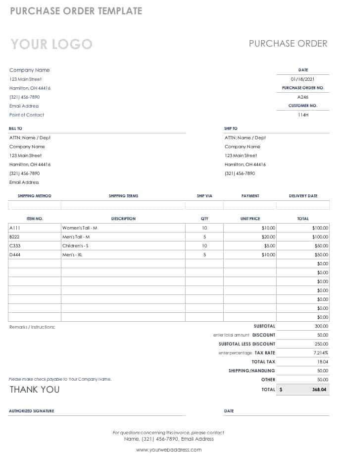 Purchase Order Excel Template Free