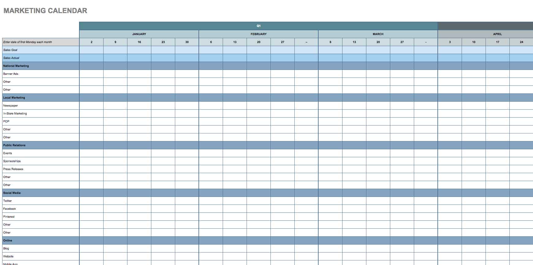 Downloadable Google Sheets Calendar Template