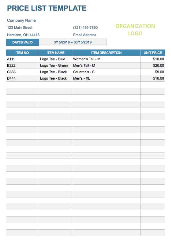 Free Price List Google Docs Templates 