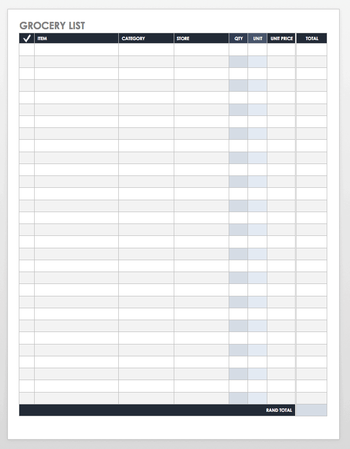 Printable Grocery List and Shopping List Templates for Excel