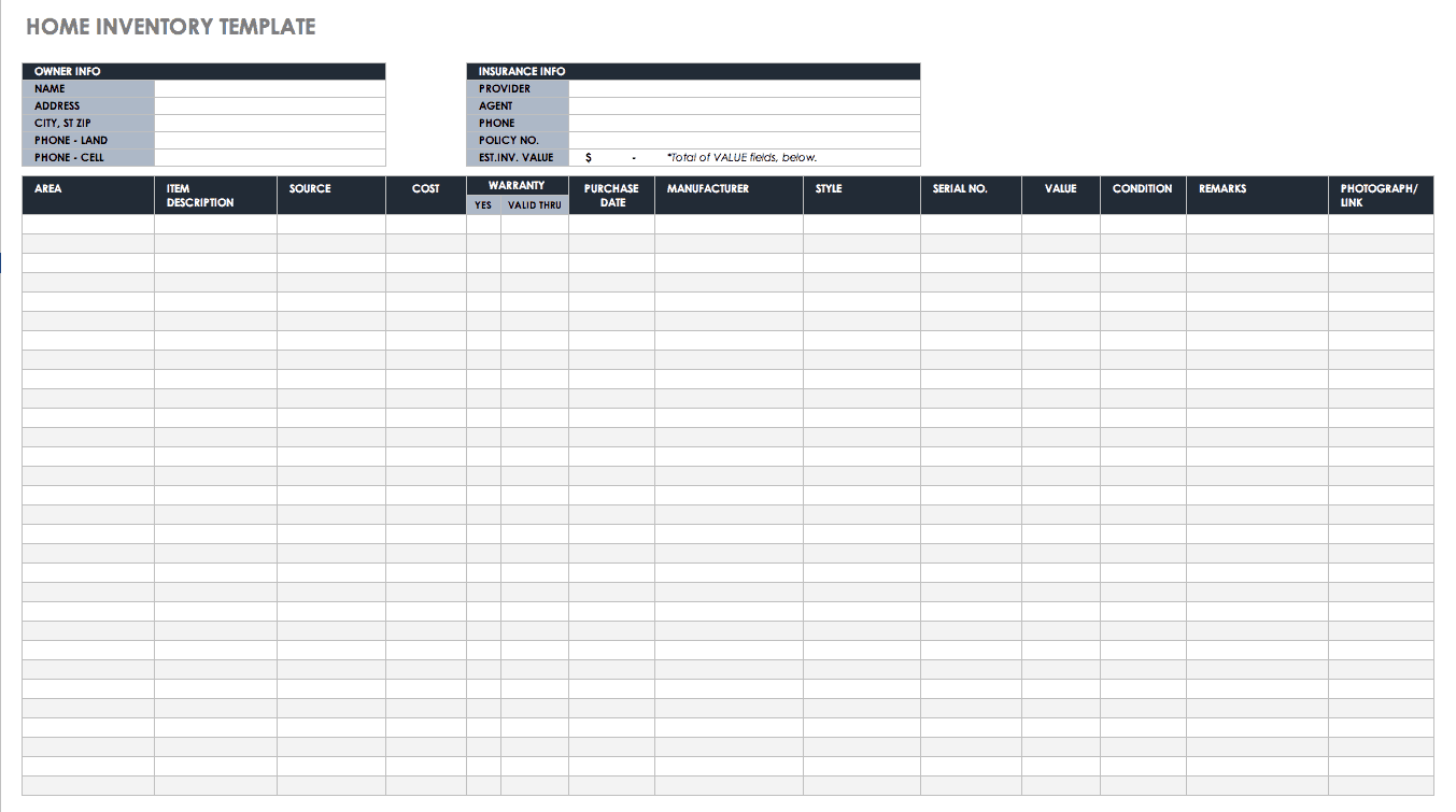 PER 10 RENTALS excel home inventory template