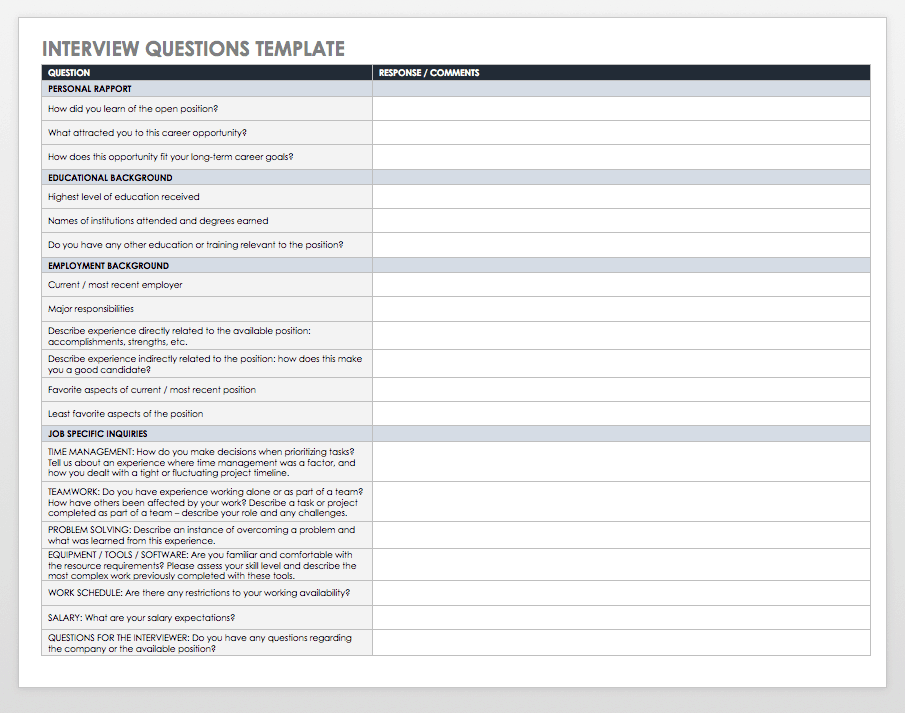 questionnaire format for interview