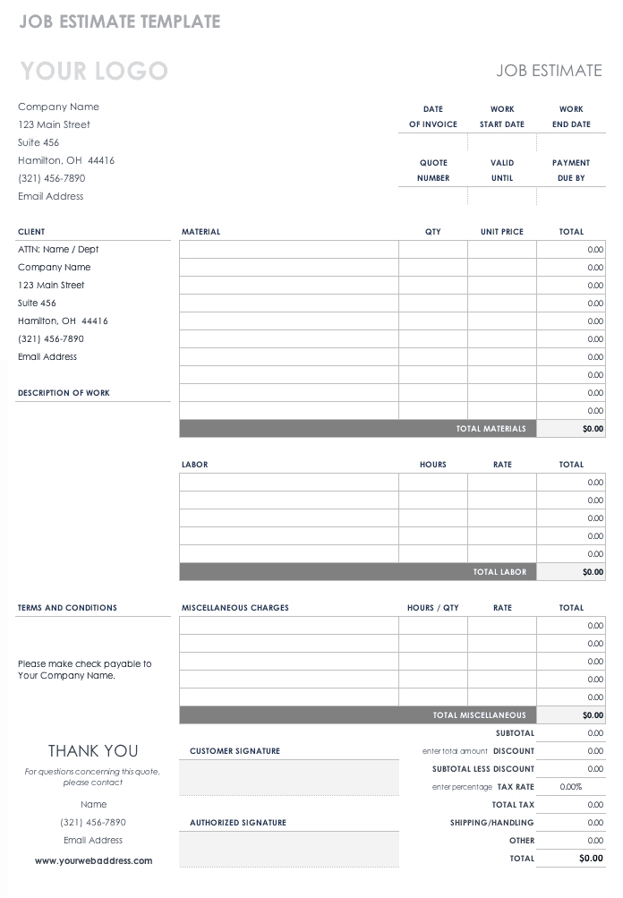 Free Cost Estimate Template Excel