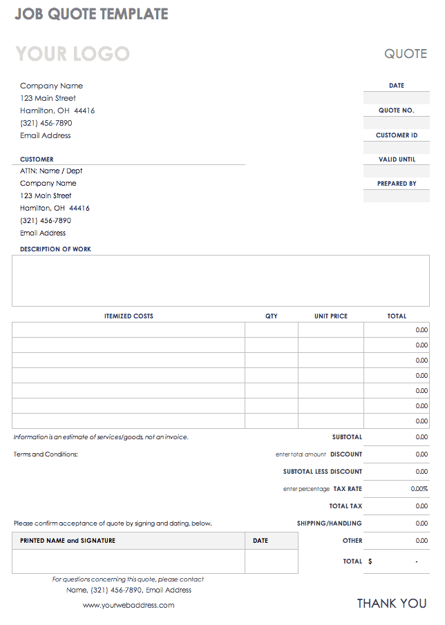 Job Quote Template Excel