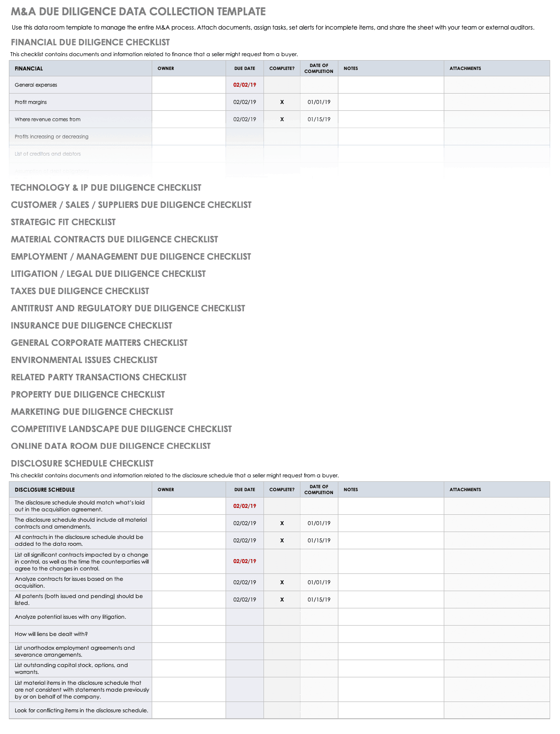 Merger and Acquisition Due Diligence Data Collection Template