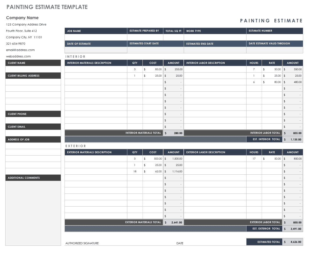 estimation template excel