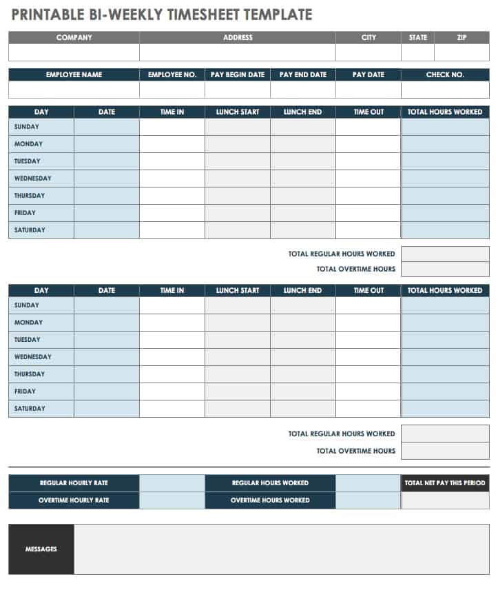 Printable Bi-Weekly Timesheet Template