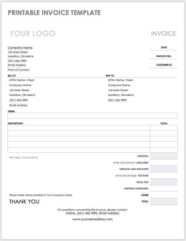 Invoice Template Printable Invoice Business Form Editable