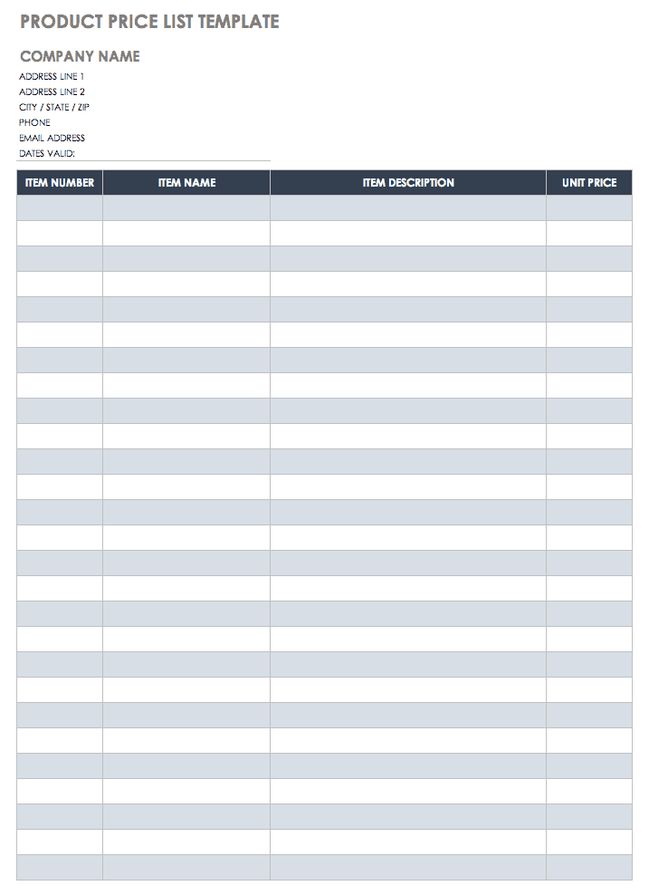 Free Product List Template Free Templates Printable