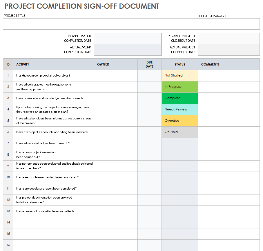 Project Management Sign Off Template