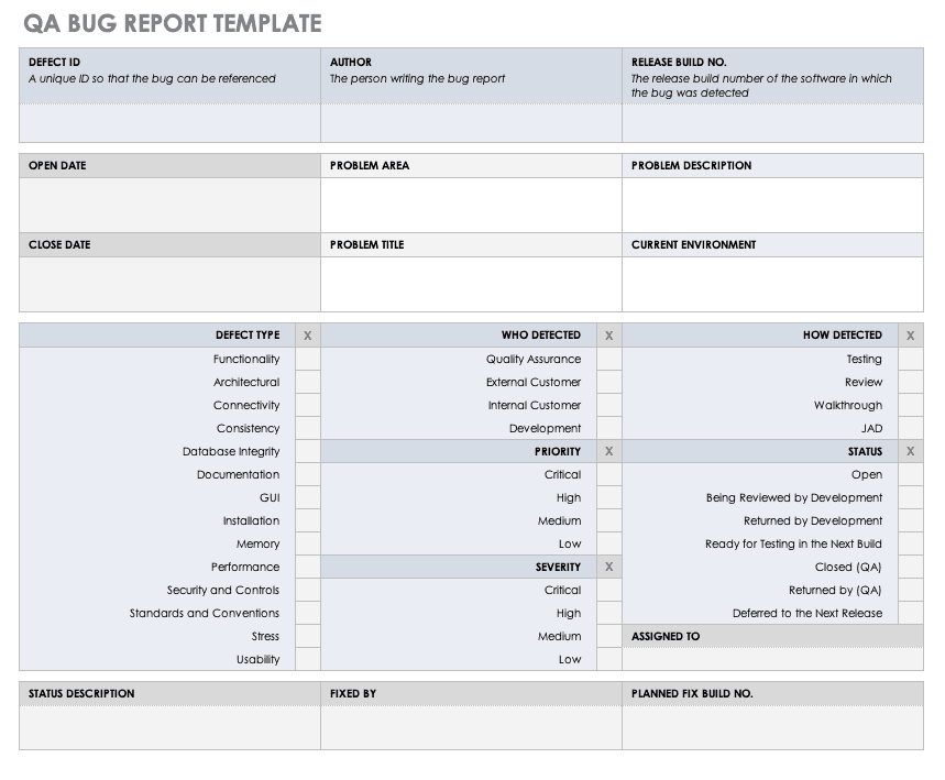 Bug Report Template Excel