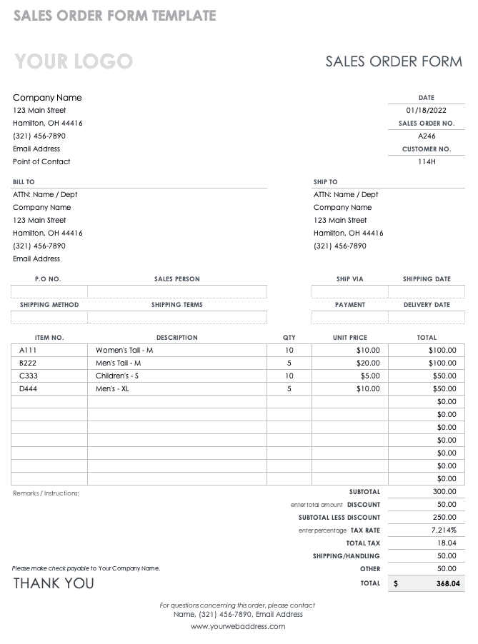 sample order form template