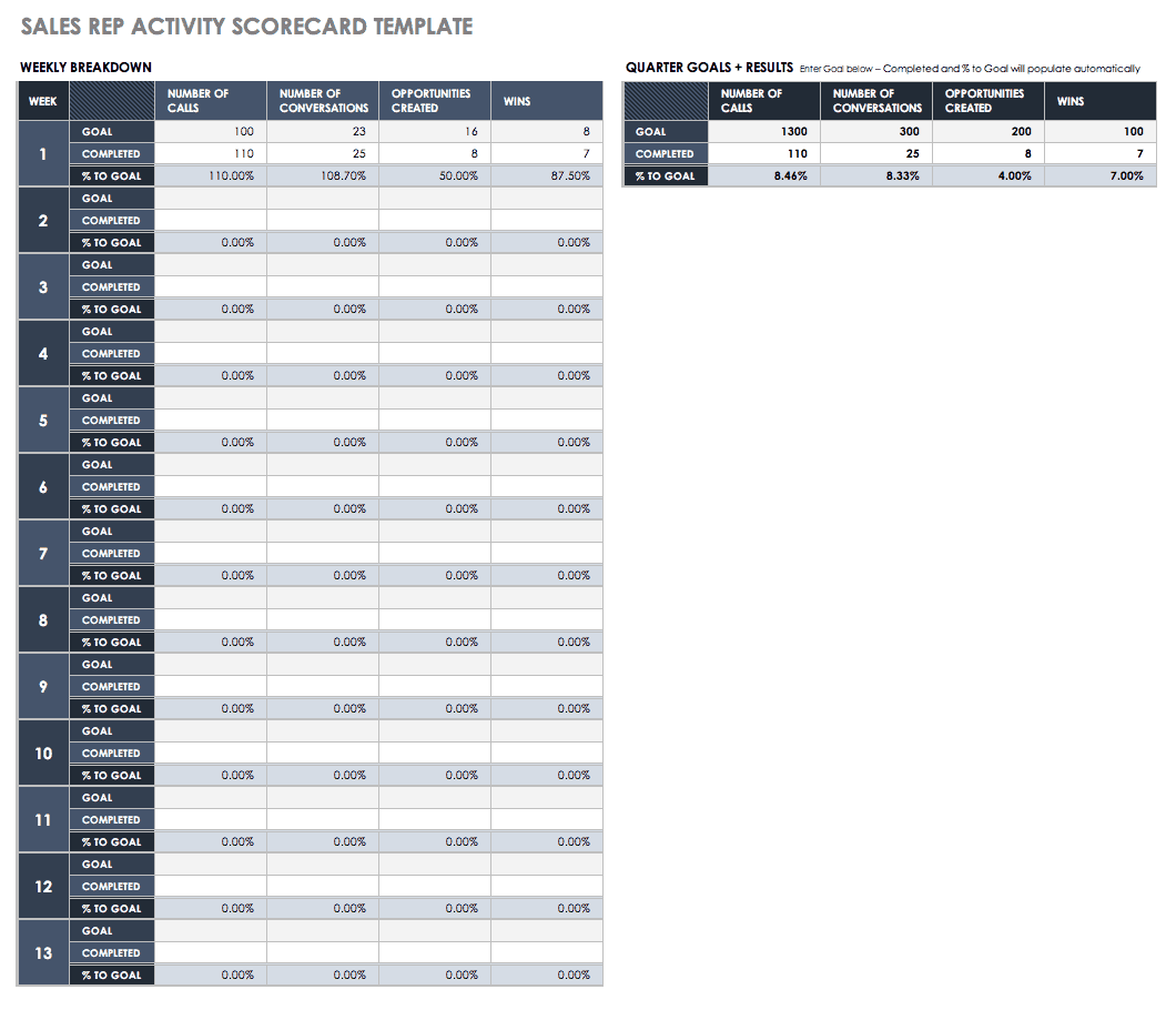 Sales Rep Scorecard Template Excel