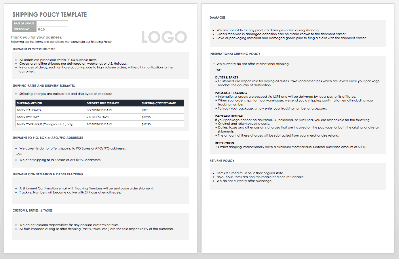 Free Shipping and Packing Templates Smartsheet