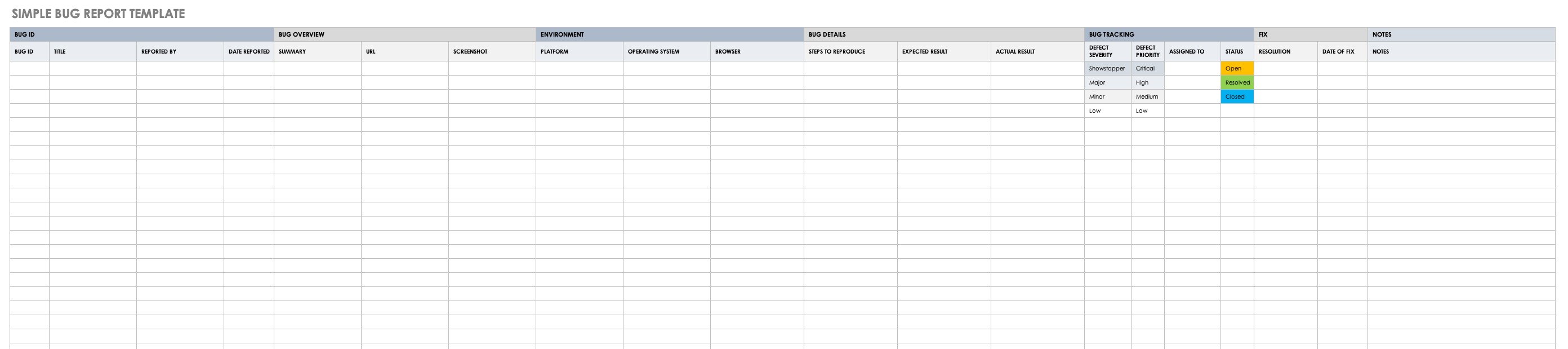 Excel Bug Report Sample Master Template