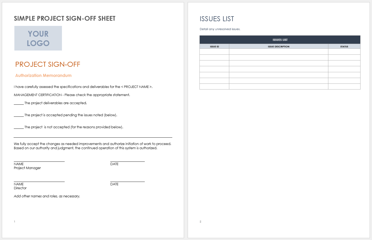 Project Management Sign Off Template