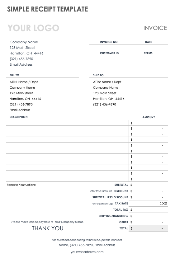 free receipt template excel
