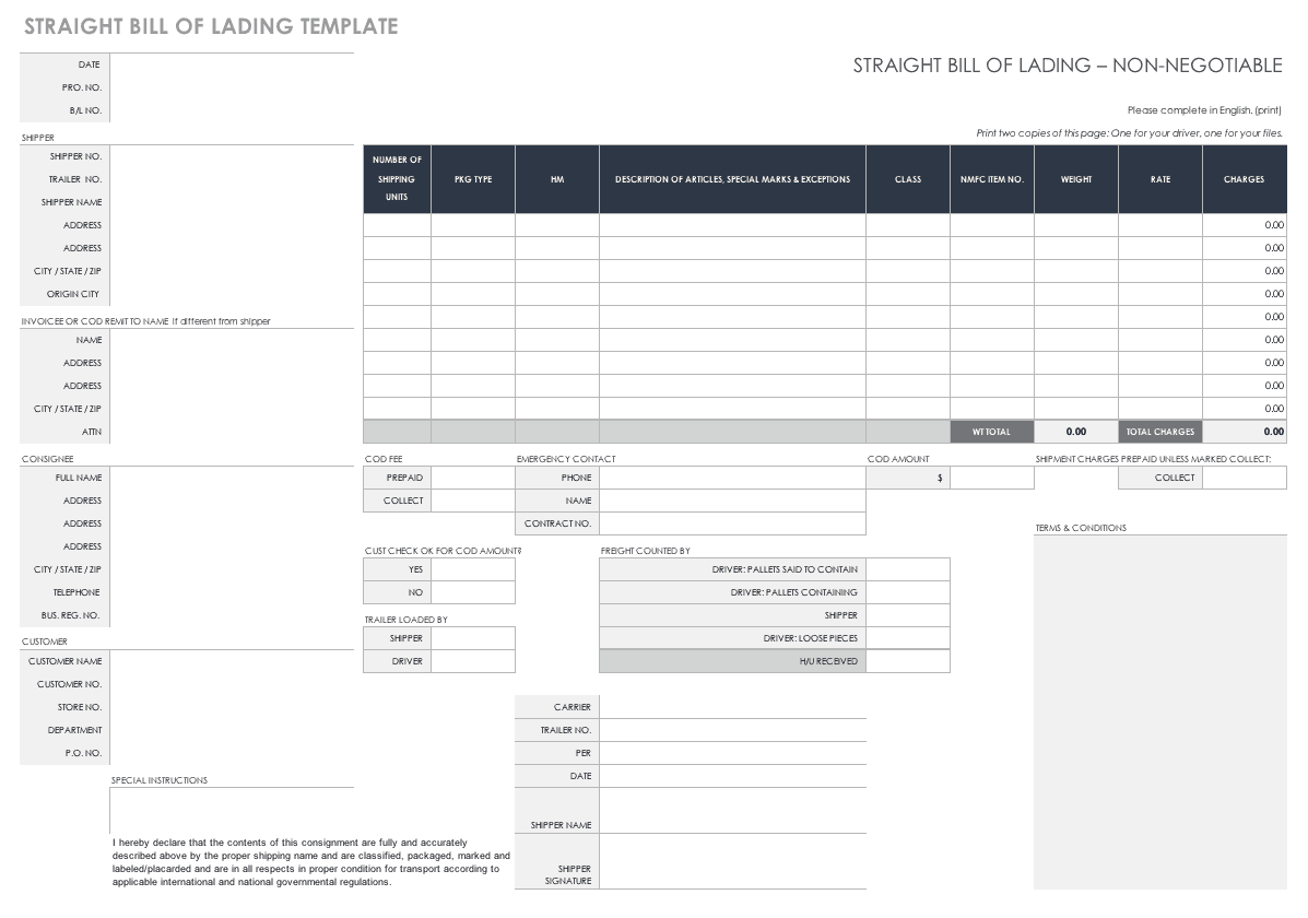 Free Bill Of Lading Templates