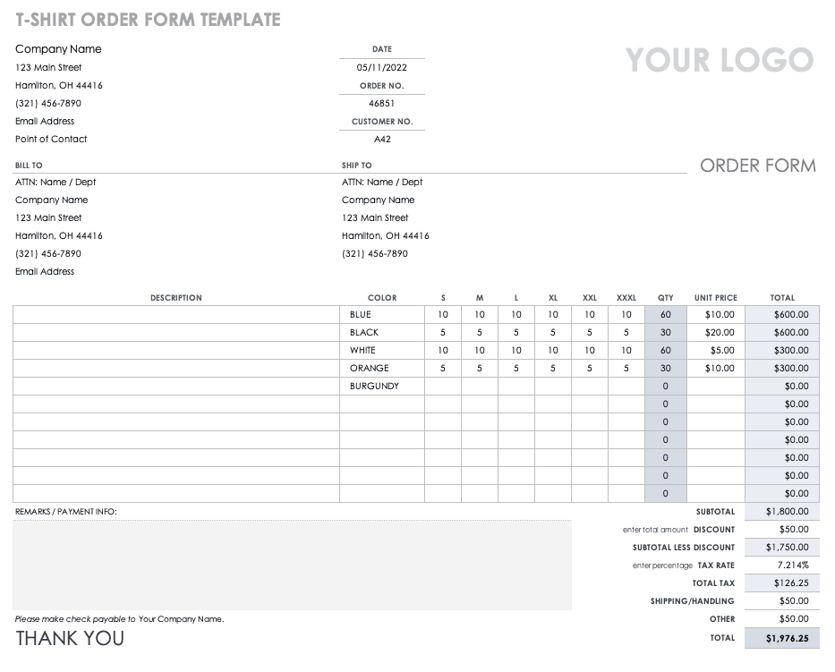 shirt order form template excel