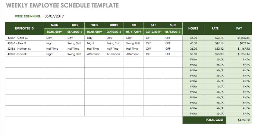 weekly working hours schedule template