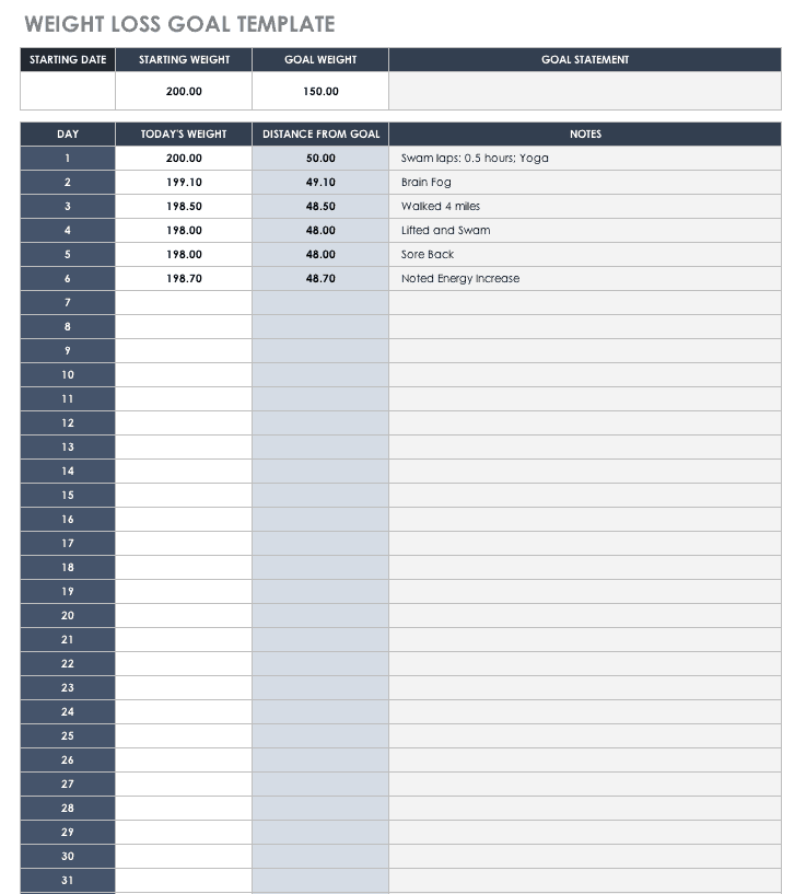 weight loss goal tracker excel t25