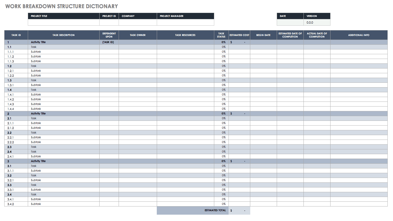 Excel Sheet Work Breakdown Structure Template Excel