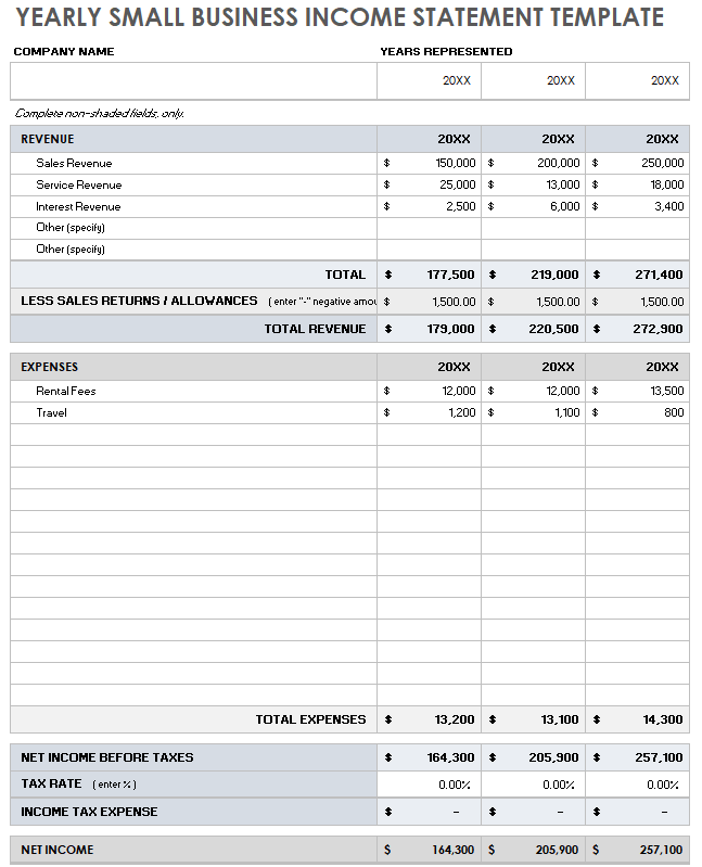 Small Business Income Statement Template