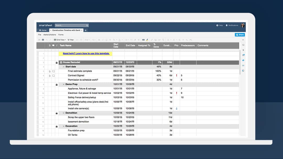 Construction timeline template with a Gantt chart in Smartsheet