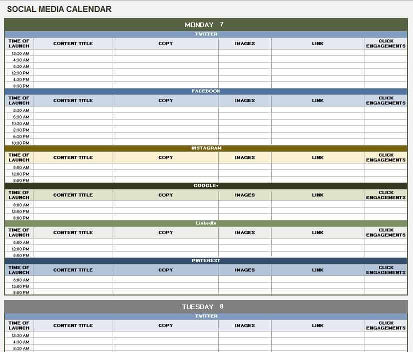 Monthly Excel Monthly Social Media Content Calendar Template