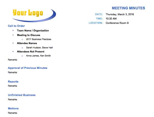 Free Meeting Minutes Templates Instructions