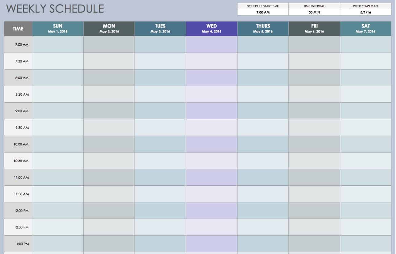 Weekly Schedule Sun thru Sat 30 Min Intervals