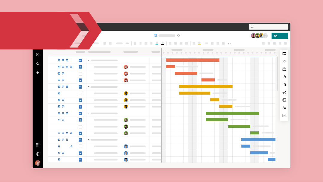 The Smartsheet interface with a Gantt chart and right facing red arrow in the top left corner