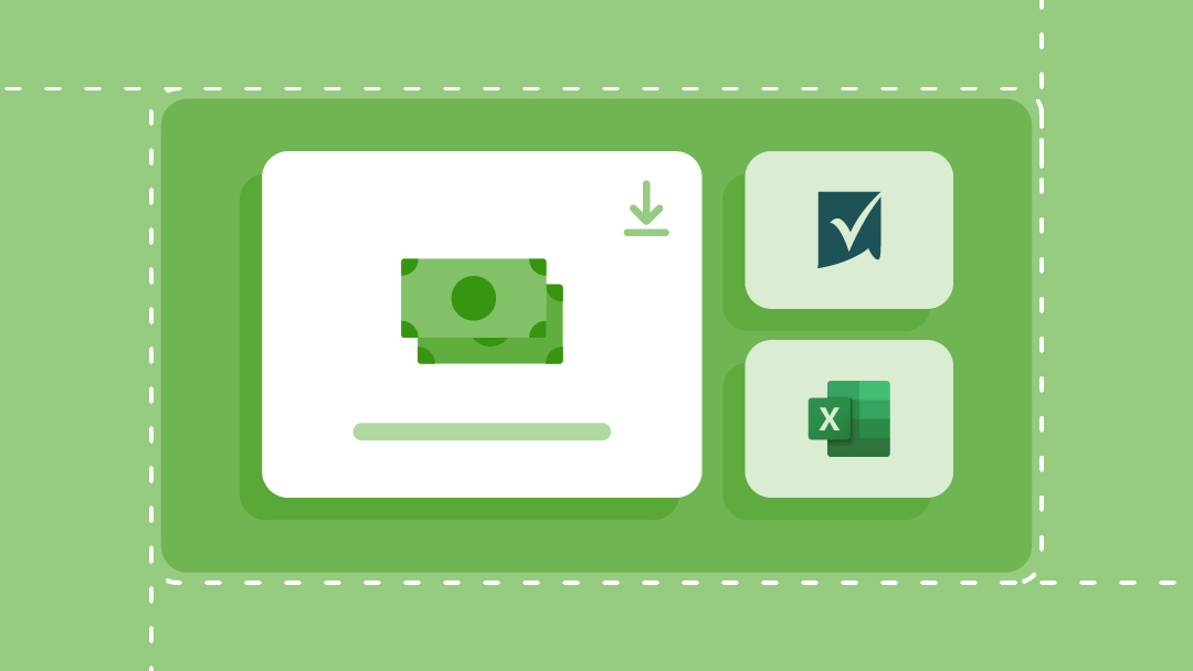 A stack of paper money, and template download icons for Excel and Smartsheet