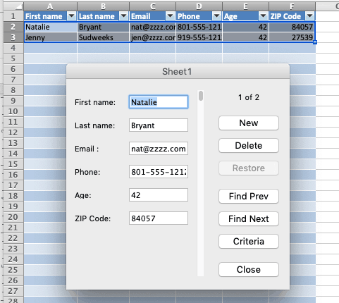 excel for mac data forms