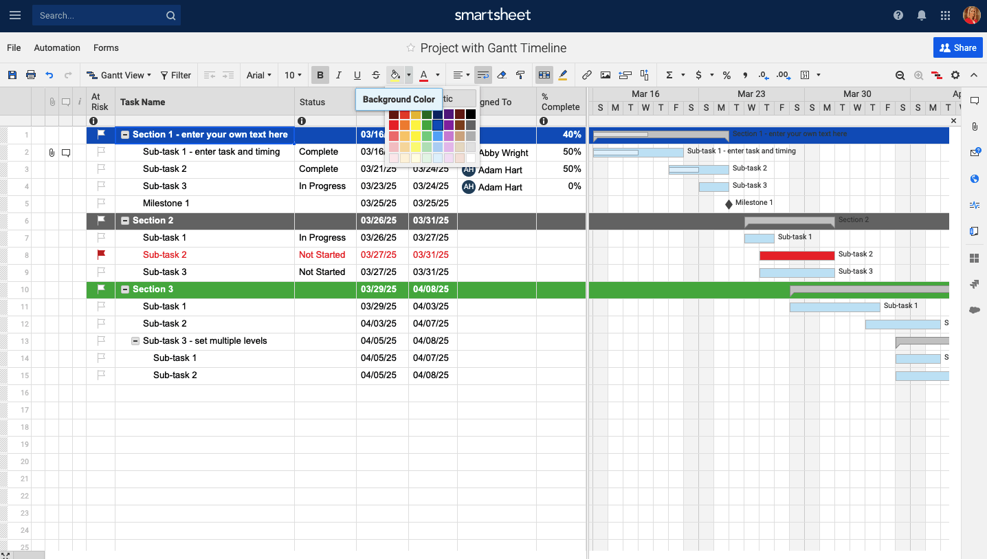 excel project planner with dates