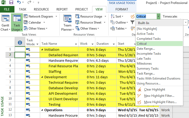 show critical path in ms project