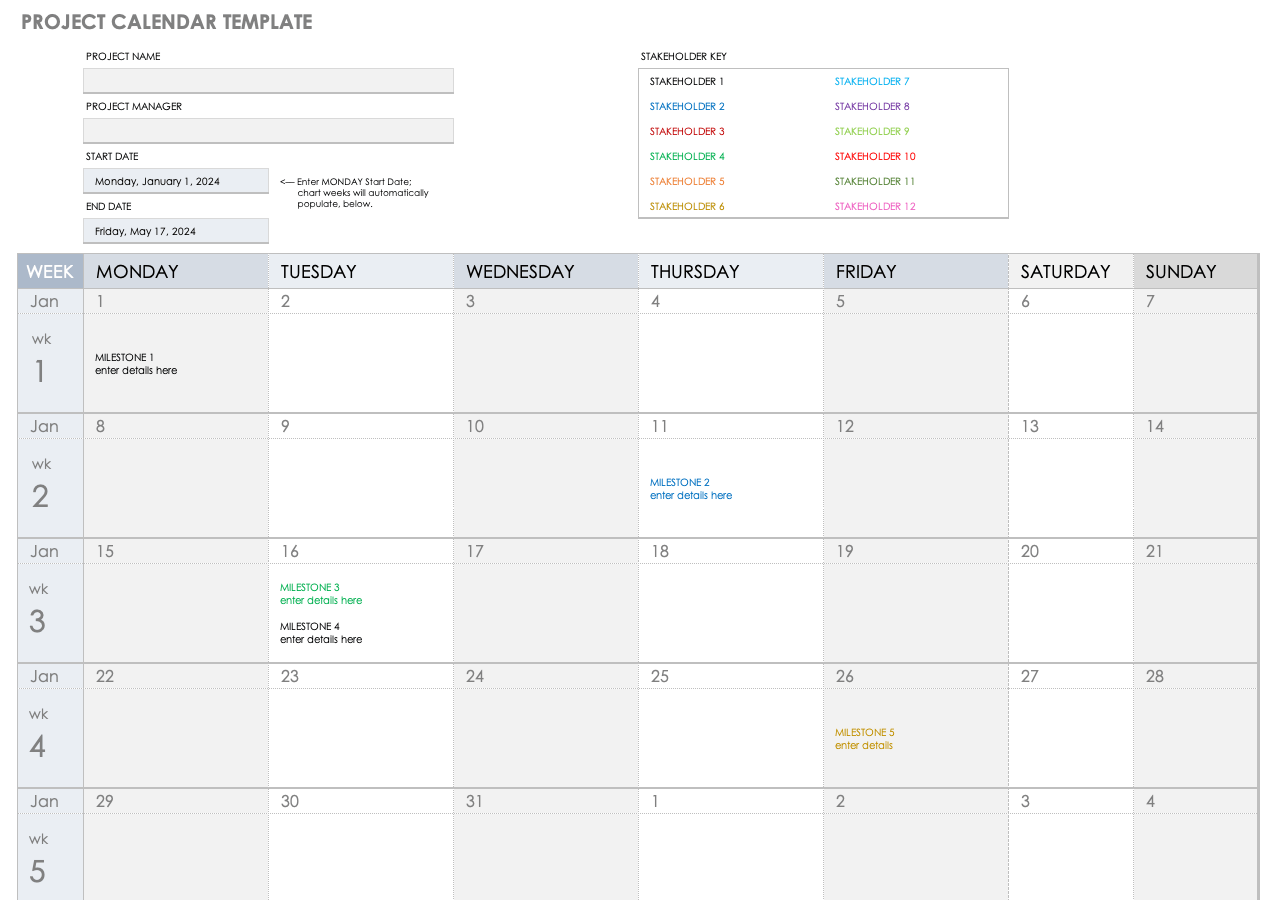project management calendar template excel