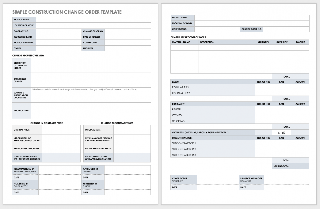 Free Construction Change Order Form Template Excel Printable Templates