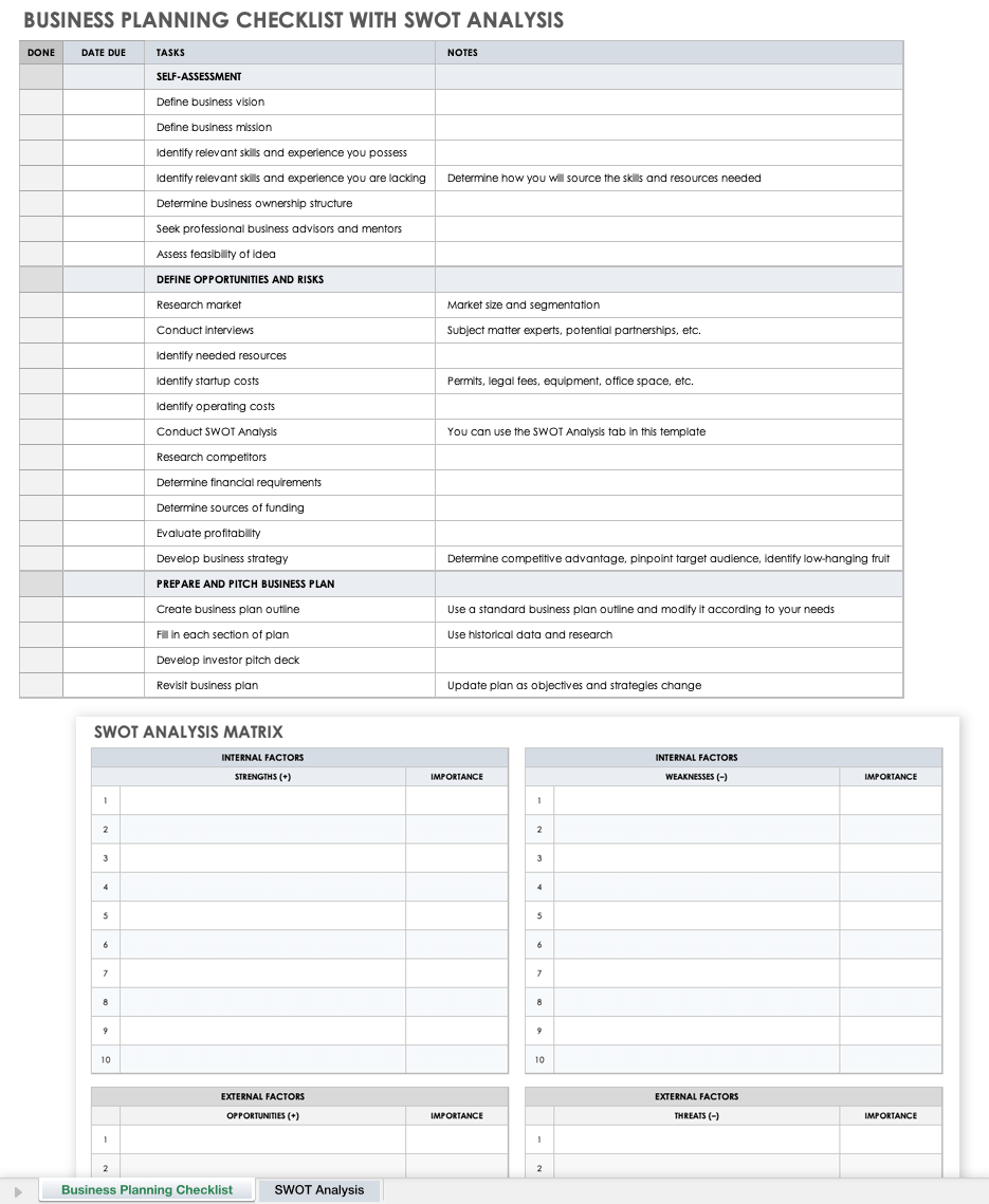 business plan checklist excel