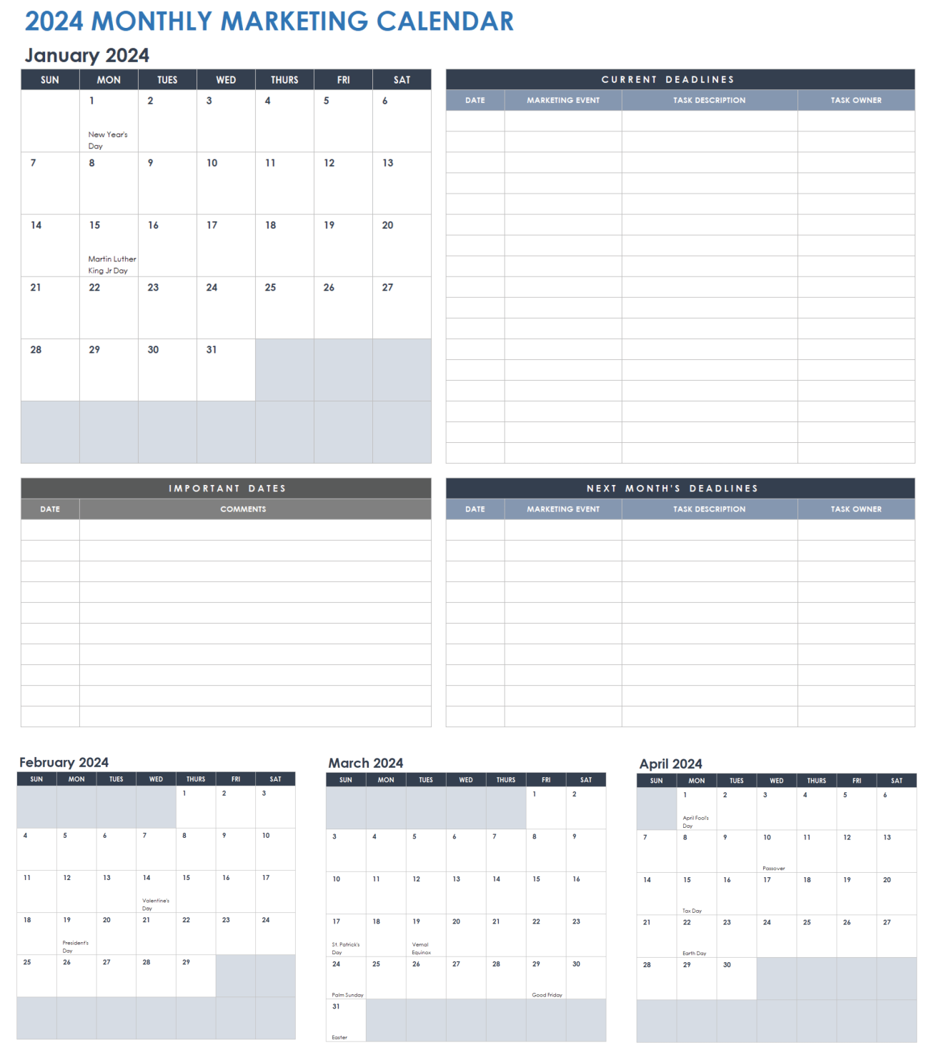 15 Free 2024 Monthly Calendar Templates Smartsheet