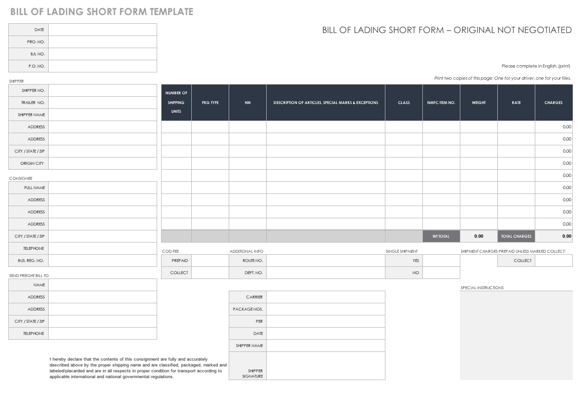 Free Bill of Lading Templates | Smartsheet